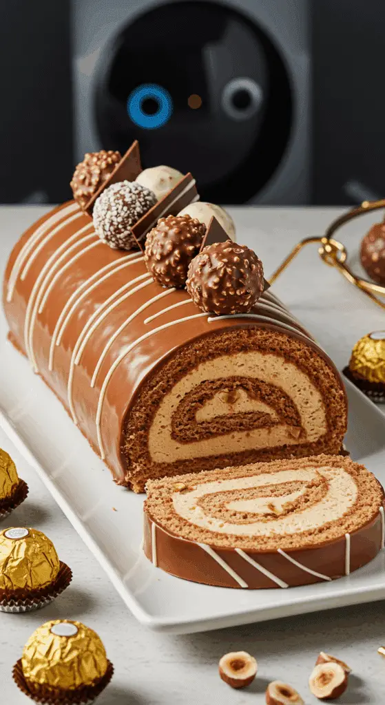 Service élégant bûche Ferrero tranché spirale ganache pralinée décoration luxueuse