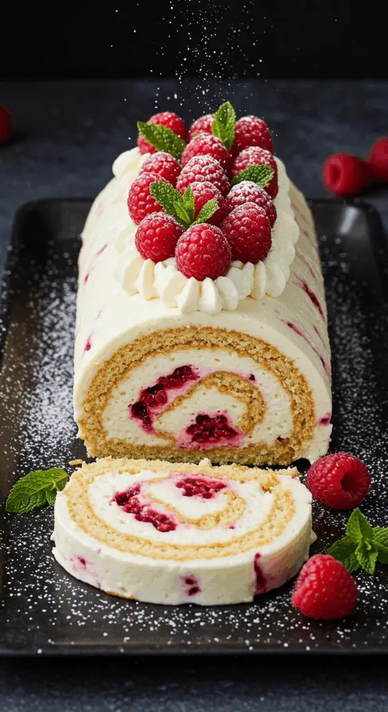 Service élégant bûche mascarpone framboise sans cuisson raffinée