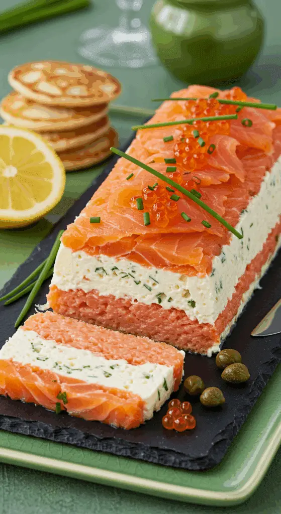 Service élégant bûche saumon fromage tranché couches rose blanc garniture raffinée