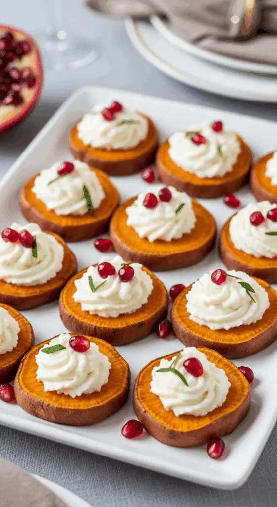 Service élégant canapés Noël patate douce plateau présentation festive spectaculaire