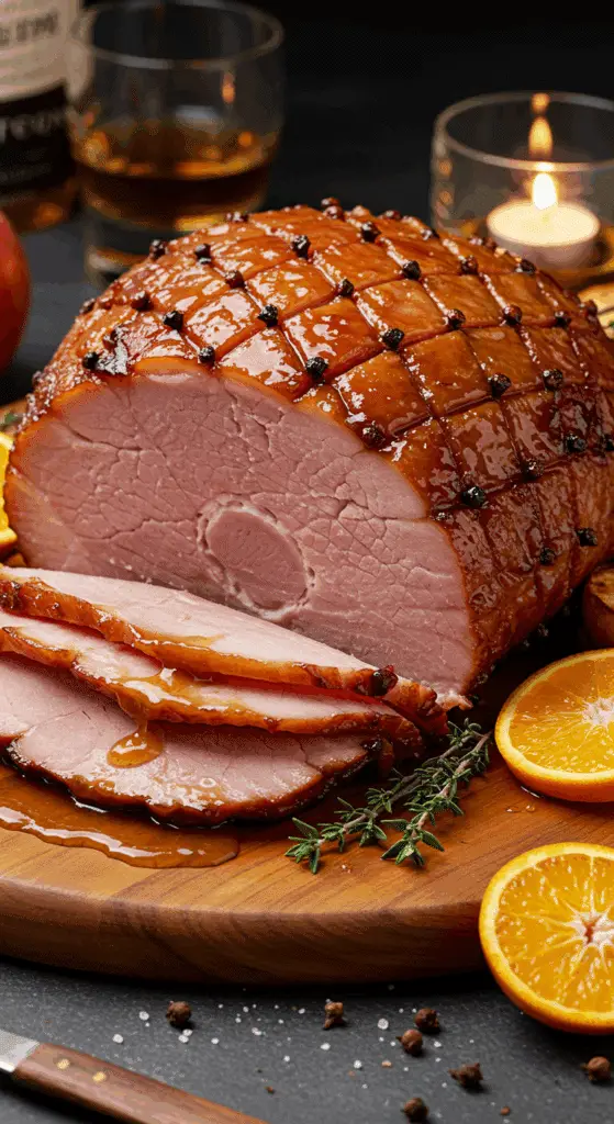 Service élégant jambon glacé tranché pommes rôties bourbon verre rustique