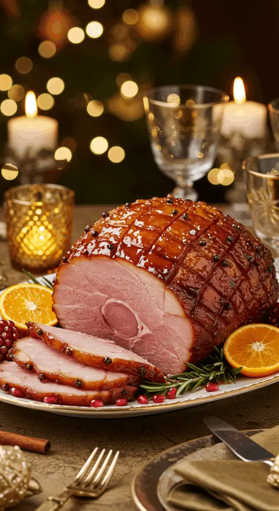 Service élégant jambon Noël épices orange table festive raffinée