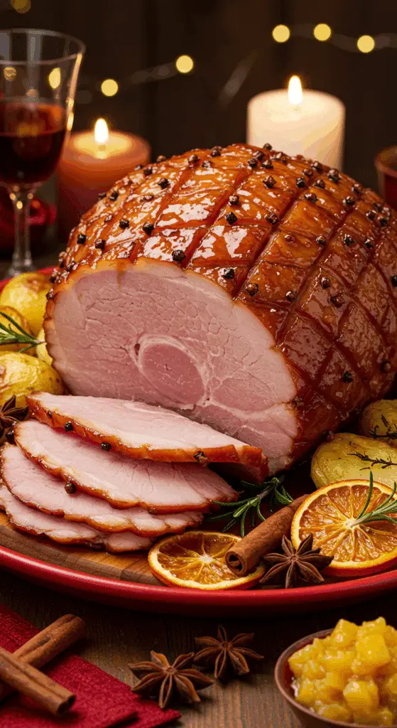 Service élégant jambon Noël épices table festive parfumée aromatique