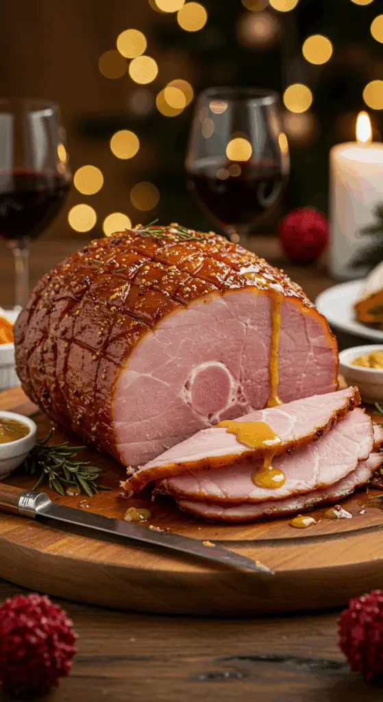 Service élégant jambon Noël sauce miel moutarde table festive raffinée