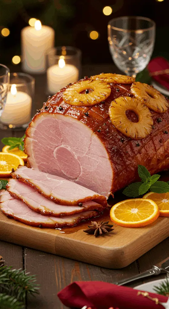 Service élégant jambon Noël tranché ananas caramélisé décoratif tropical festif