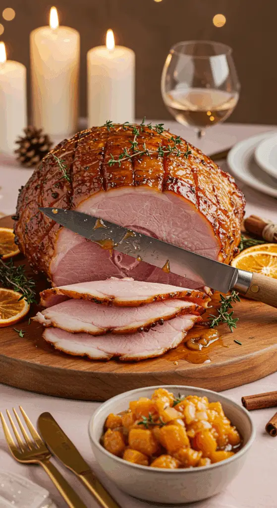 Service élégant jambon Noël tranché chutney courge table festive présentation