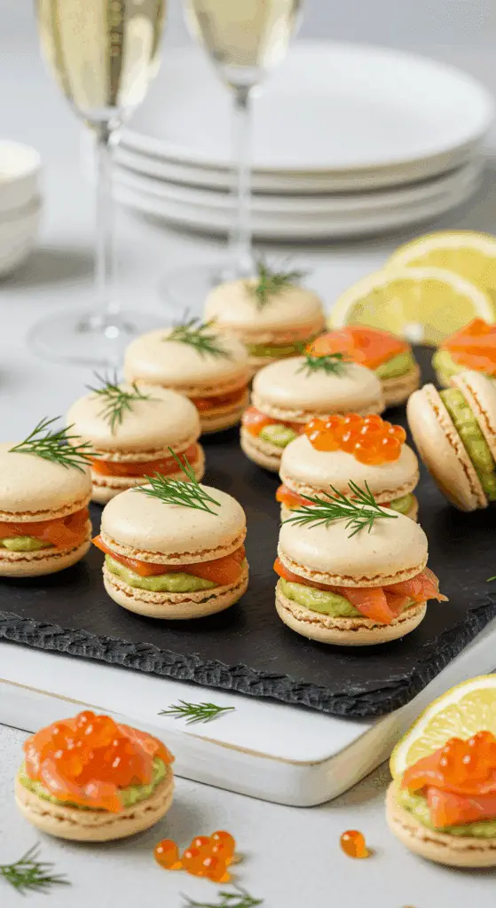 Service élégant macarons salés saumon ardoise aneth œufs caviar citron champagne