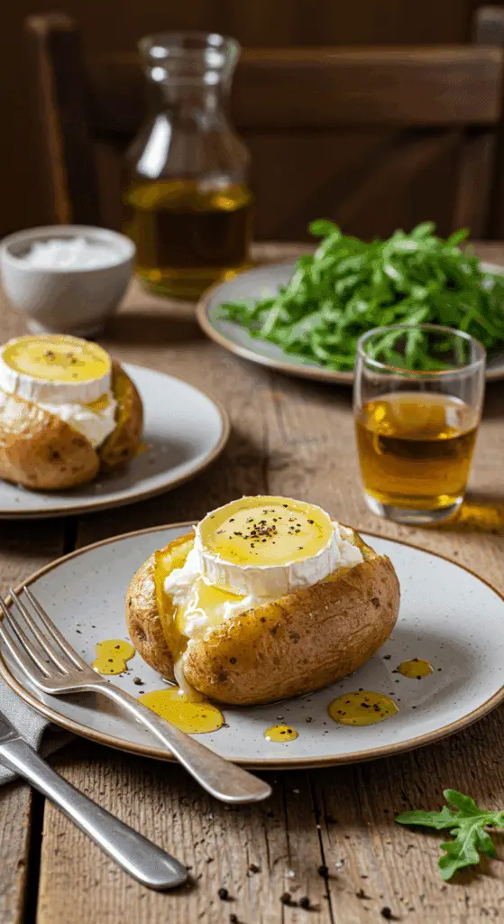 Service élégant pommes terre farcies chèvre miel roquette fraîche