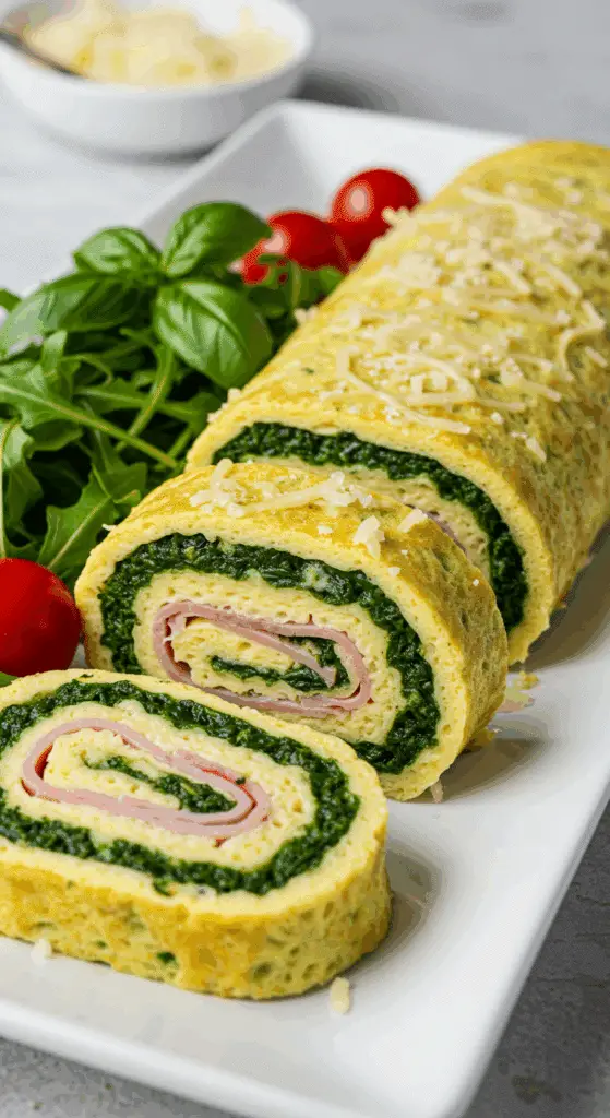 Service élégant roulé jambon épinards tranché spirale salade roquette italien