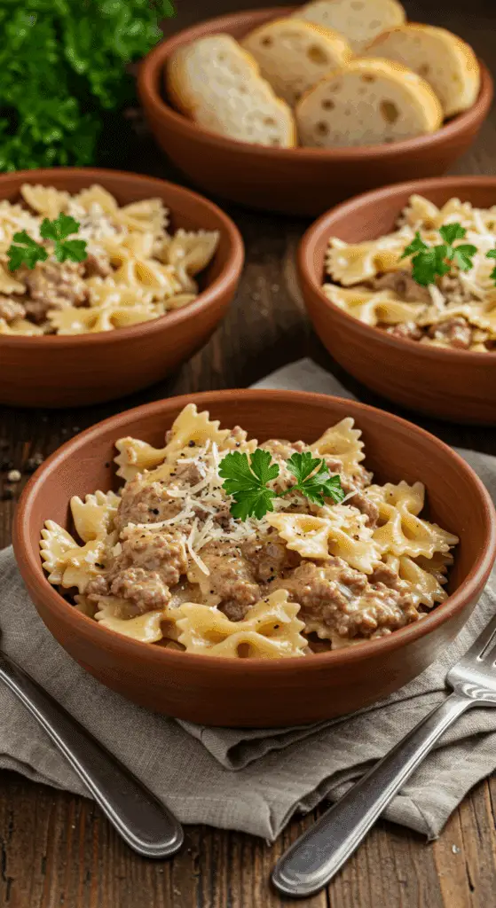 Service familial pâtes papillon viande sauce crémeuse convivial