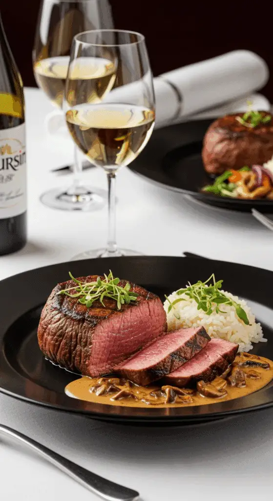 service élégant filet mignon sauce boursin champignons table raffinée