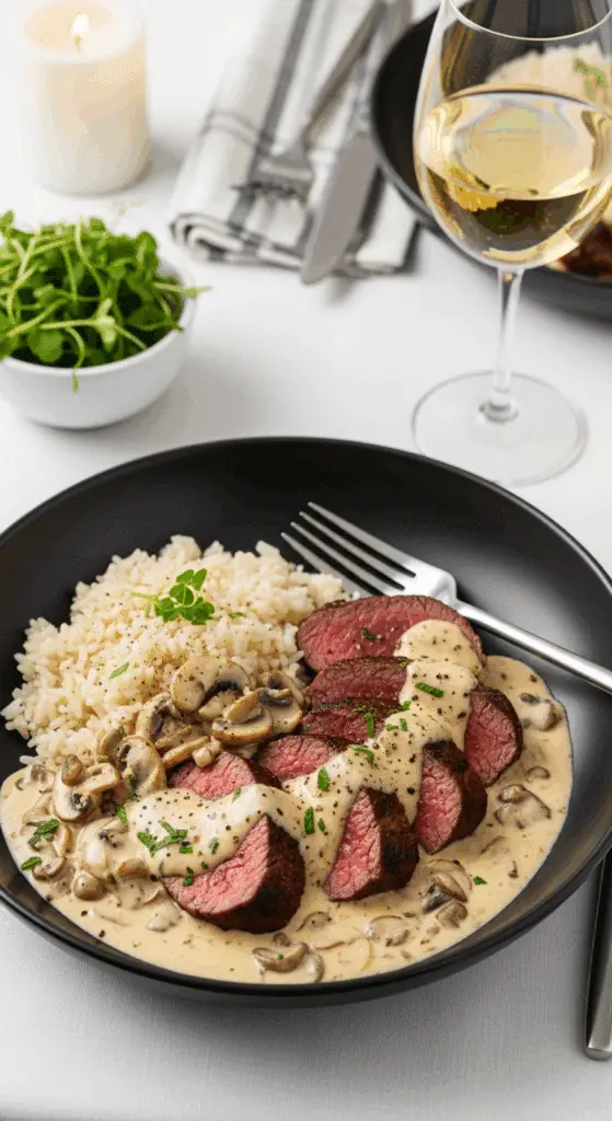 service élégant filet mignon sauce boursin champignons table raffinée