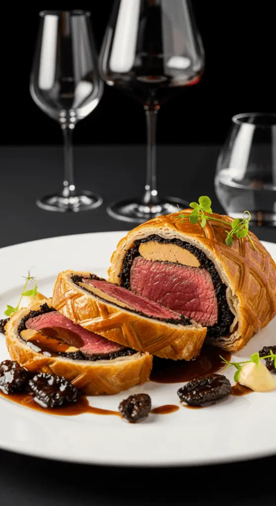 Service élégant filet mignon croûte foie gras morilles assiette