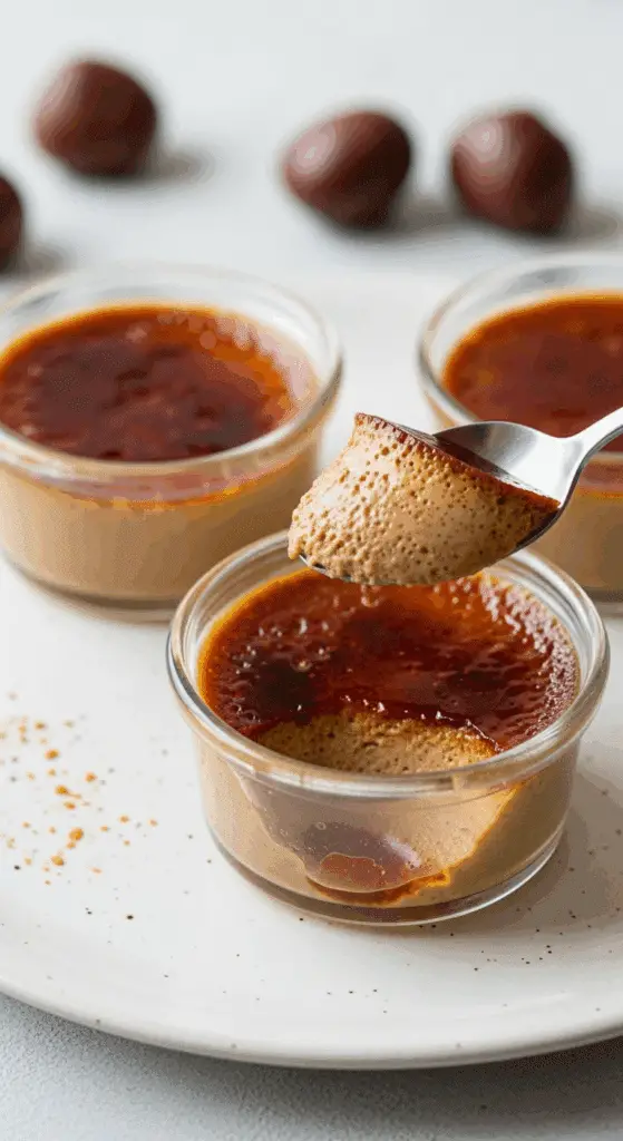 Service flan marrons assiette blanche croûte caramélisée croquante