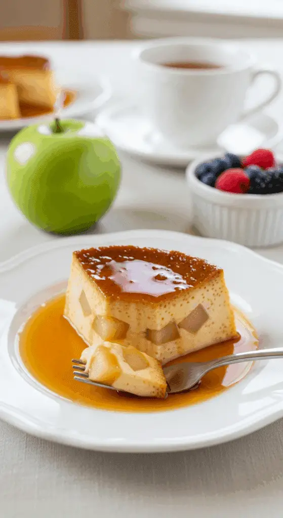 Service élégant flan pommes yaourt caramel glace vanille