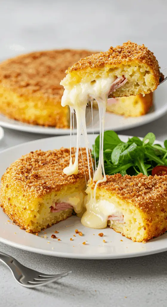 Service élégant gâteau pommes terre jambon fromage coulant