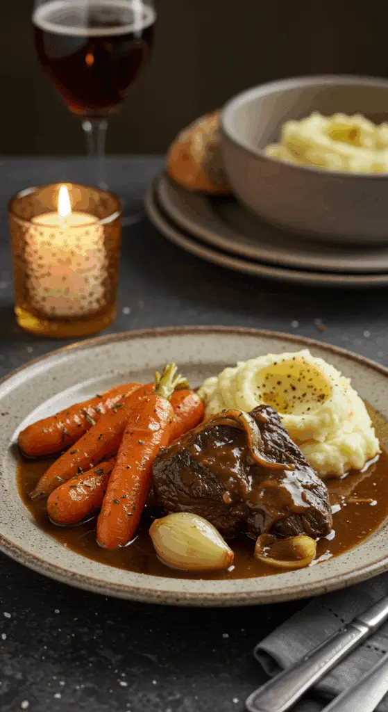 Service généreux joues bœuf bière plat mijoté réconfortant chaleureux