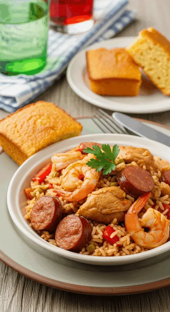 Service élégant jambalaya créole assiette rustique crevettes persil