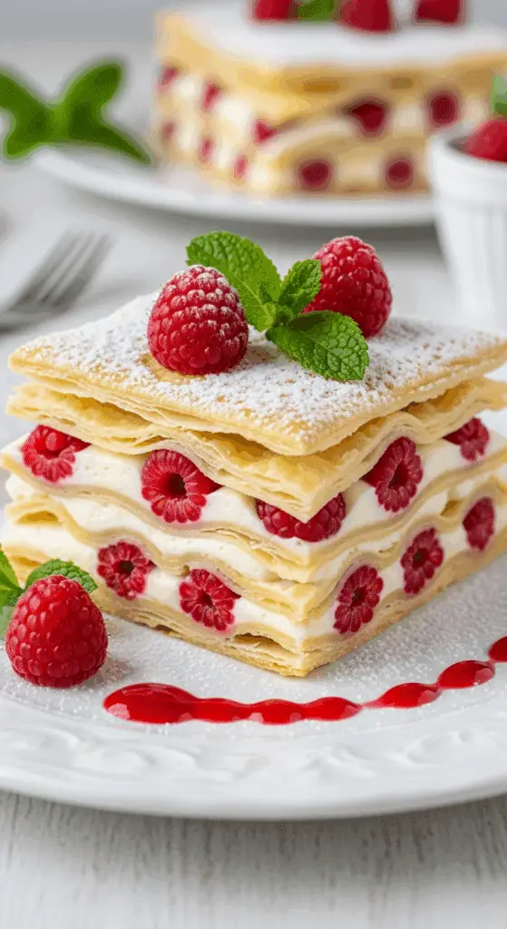 Tranche lasagne chocolat blanc framboises service élégant assiette