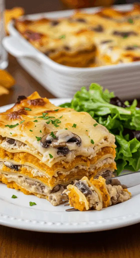 Service élégant lasagnes butternut champignons tranches couches