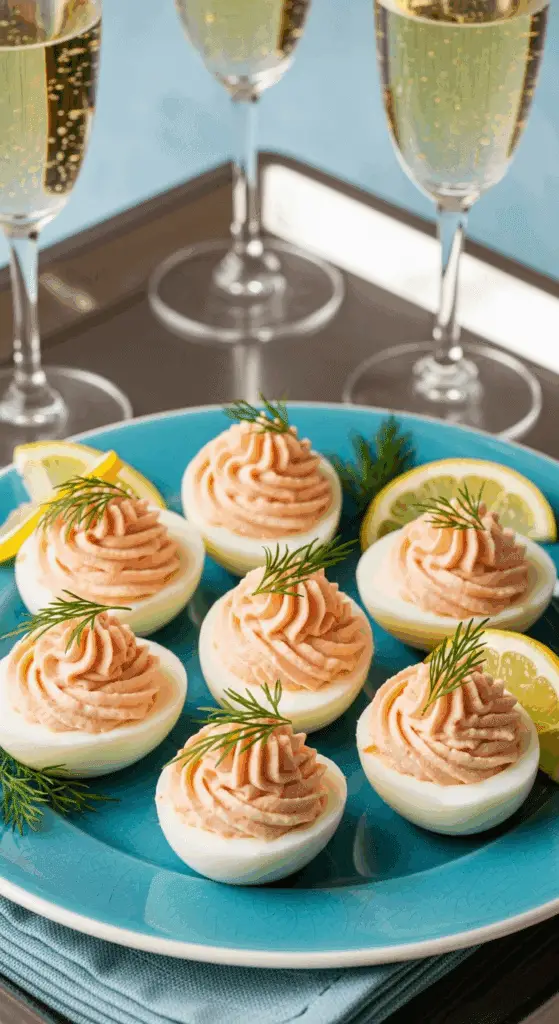 Service élégant œufs farcis saumon plateau champagne cocktail