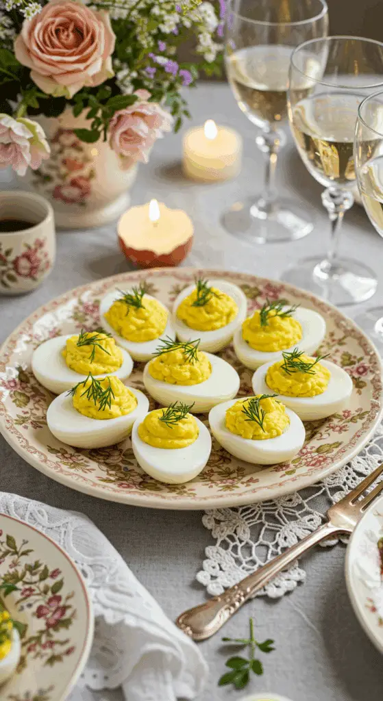 Service élégant œufs mimosa plateau argenté décoration