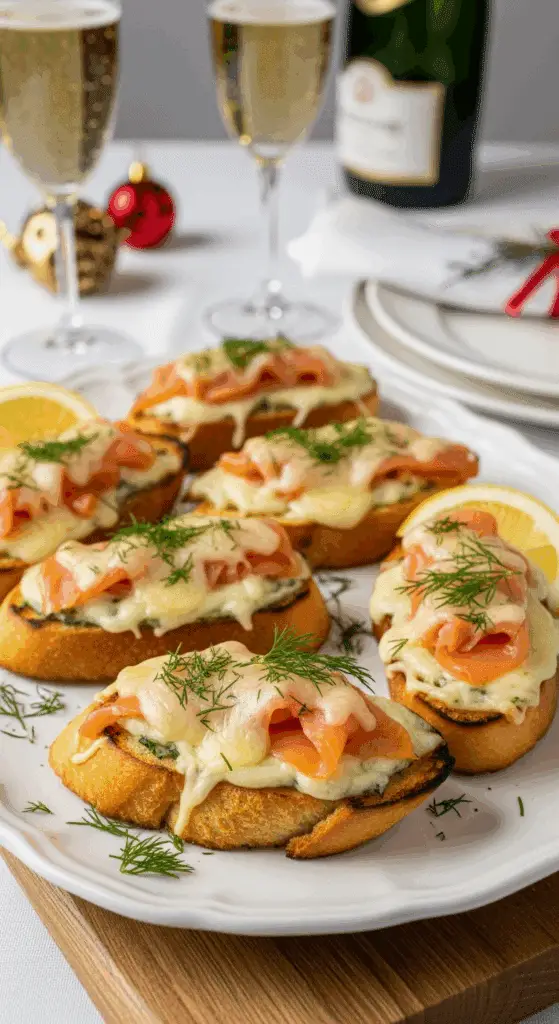 Service élégant pain ail gratiné saumon fumé assiette Noël