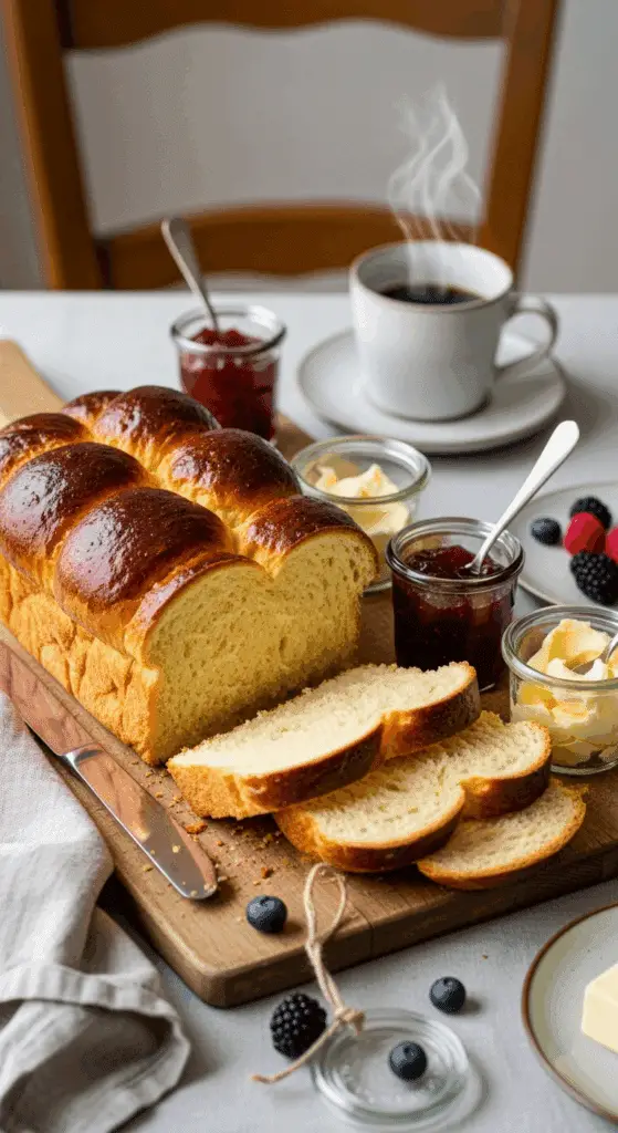 Service élégant pain brioché yaourt confiture beurre café