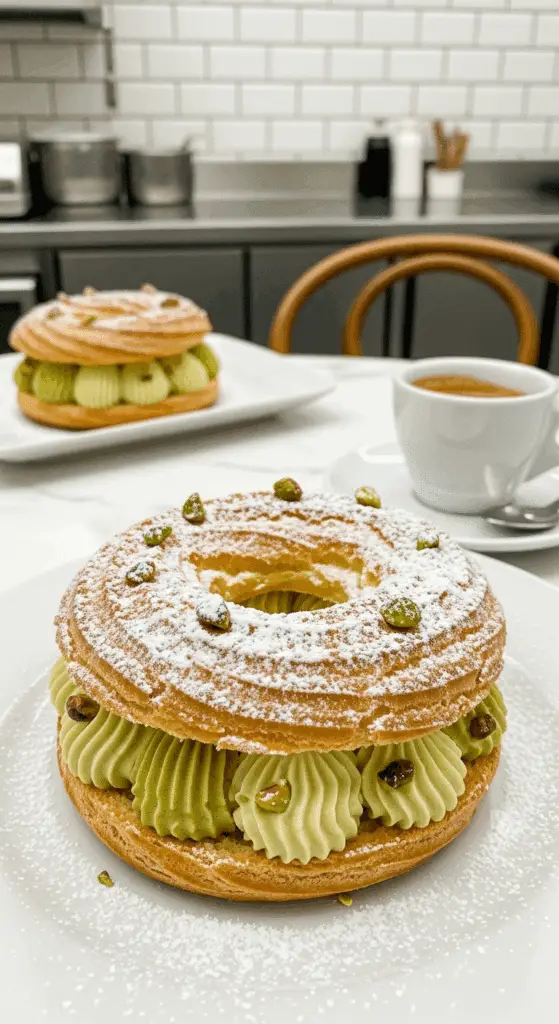 Service élégant Paris-Brest pistache assiette porcelaine café