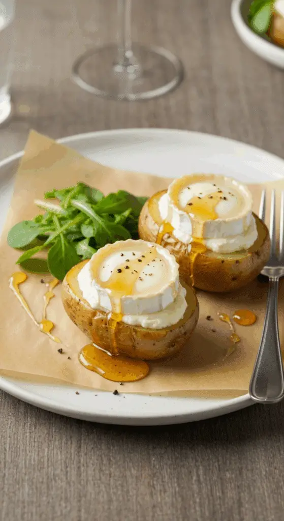 Service élégant pomme terre chèvre miel salade verte