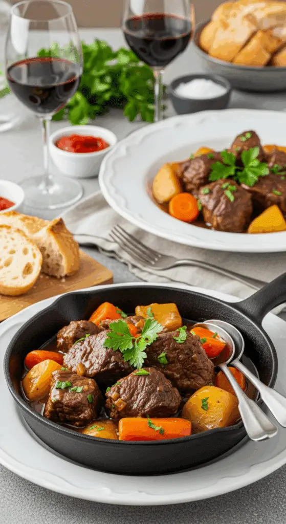 service élégant ragoût de bœuf classique table familiale chaleureuse