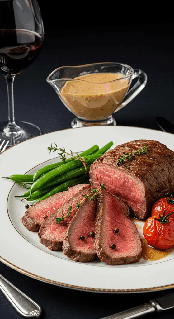 service élégant rosbeef sauce poivre haricots verts table raffinée