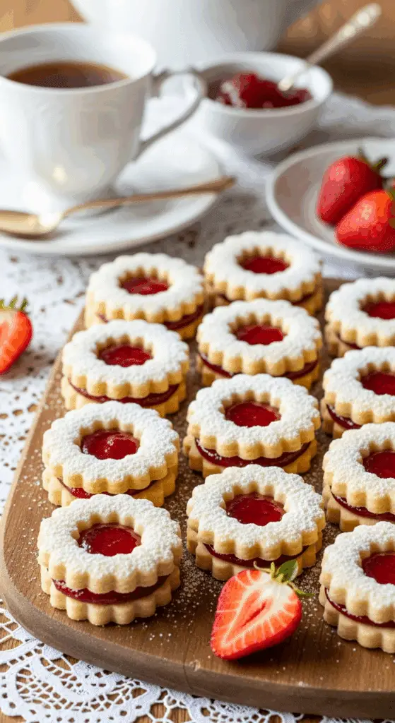 Service élégant sablés fourrés fraises thé après-midi