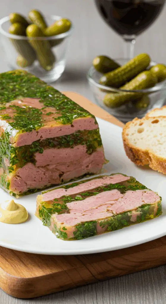 Service élégant terrine jambon persillé cornichons moutarde