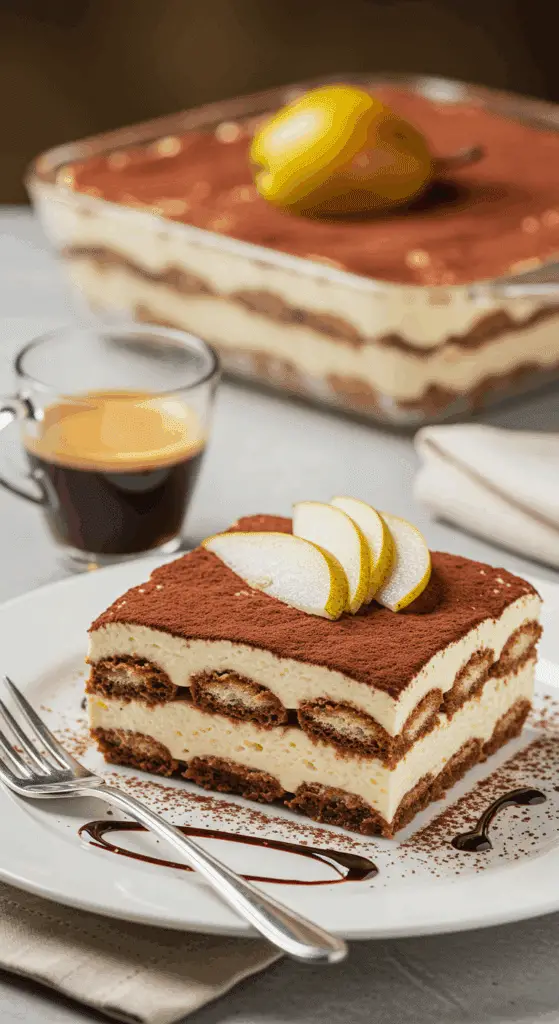 Service élégant tiramisu chocolat poires tranche assiette fine