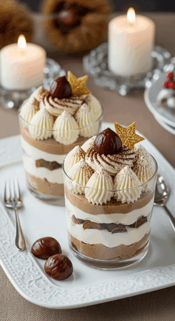 Service élégant verrines Noël mousse marrons chantilly plateau