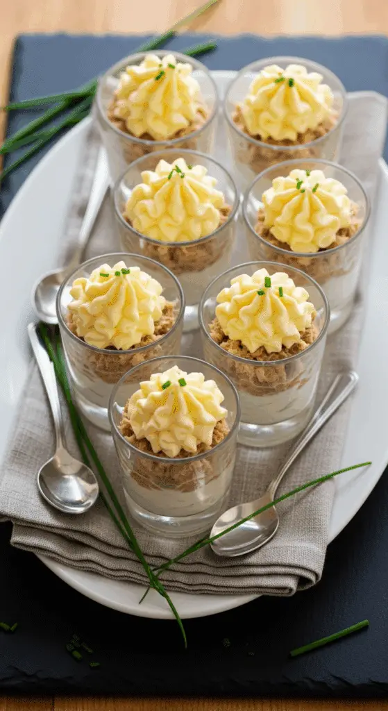 Service verrines thon mimosa plateau blanc cuillères argent présentation élégante