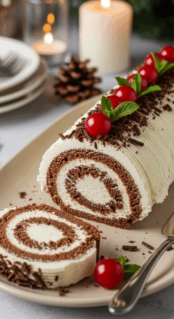 Tranche bûche mascarpone chocolat spirale crémeuse visible élégante