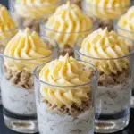 Verrines thon aux œufs mimosa élégantes avec trois couches blancs jaunes dorés