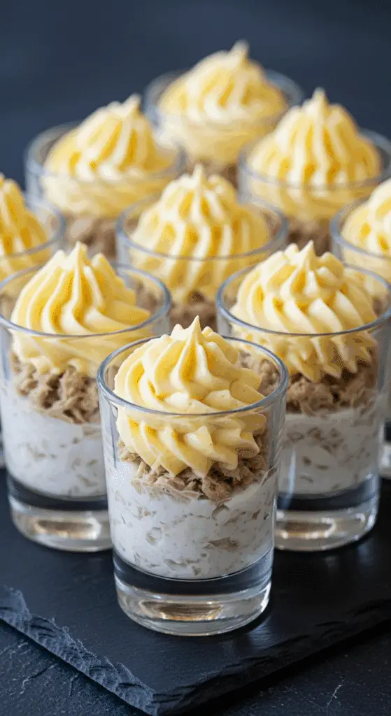 Verrines thon aux œufs mimosa élégantes avec trois couches blancs jaunes dorés