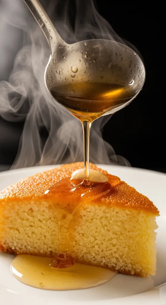 Arrosage basboussa dorée avec sirop fleur d'oranger chaud fumant