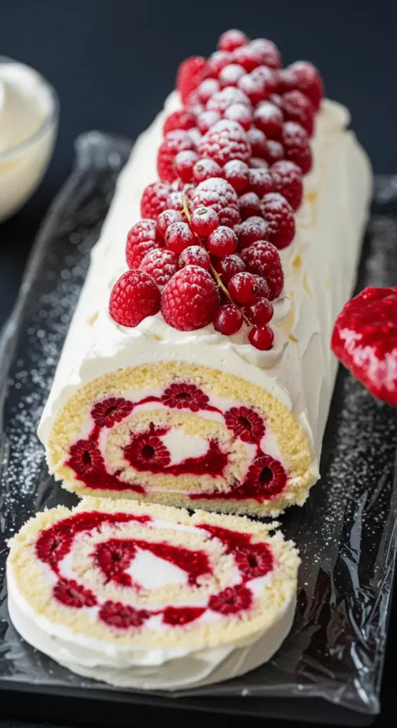 Assemblage couches bûche crème mascarpone biscuits coulis framboise