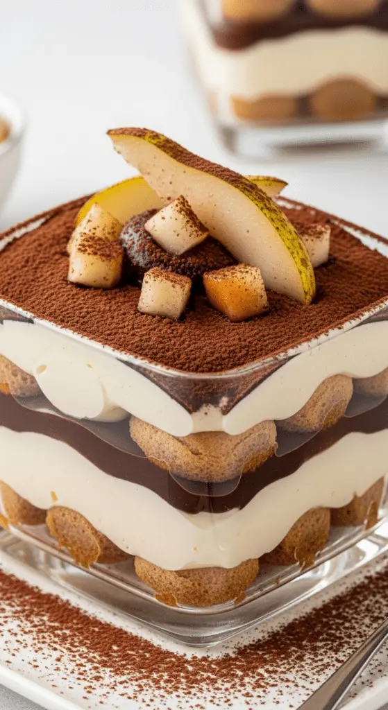 Assemblage couches tiramisu biscuits ganache poires mascarpone