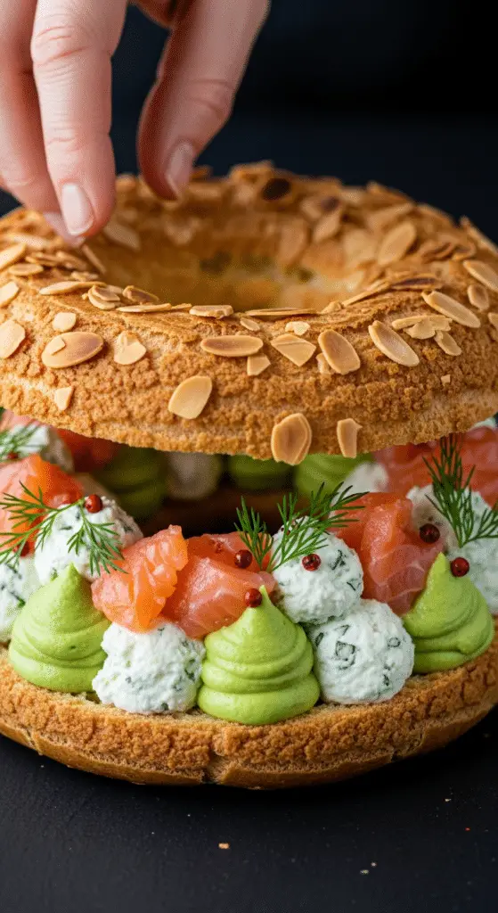 Assemblage Paris-Brest crèmes pochées avocat fromage saumon mariné aneth