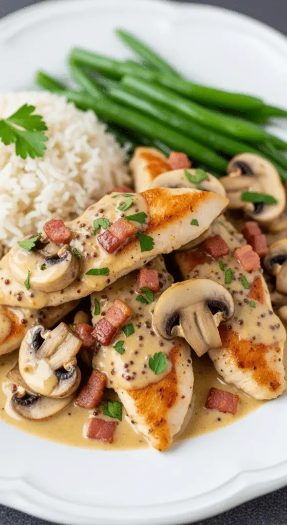 Assiette émincés poulet moutarde riz haricots verts présentation