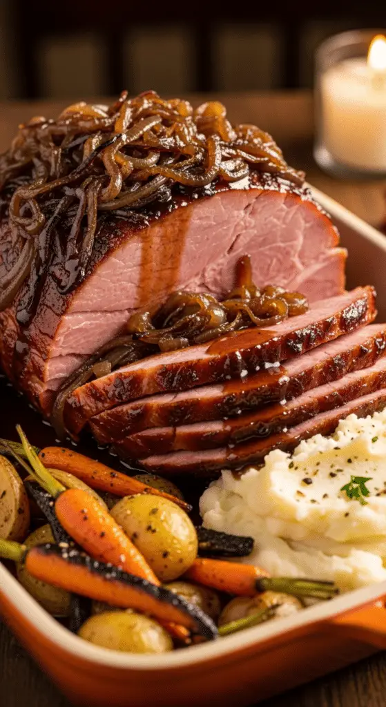 Assiette jambon bière sauce oignons purée légumes présentation élégante