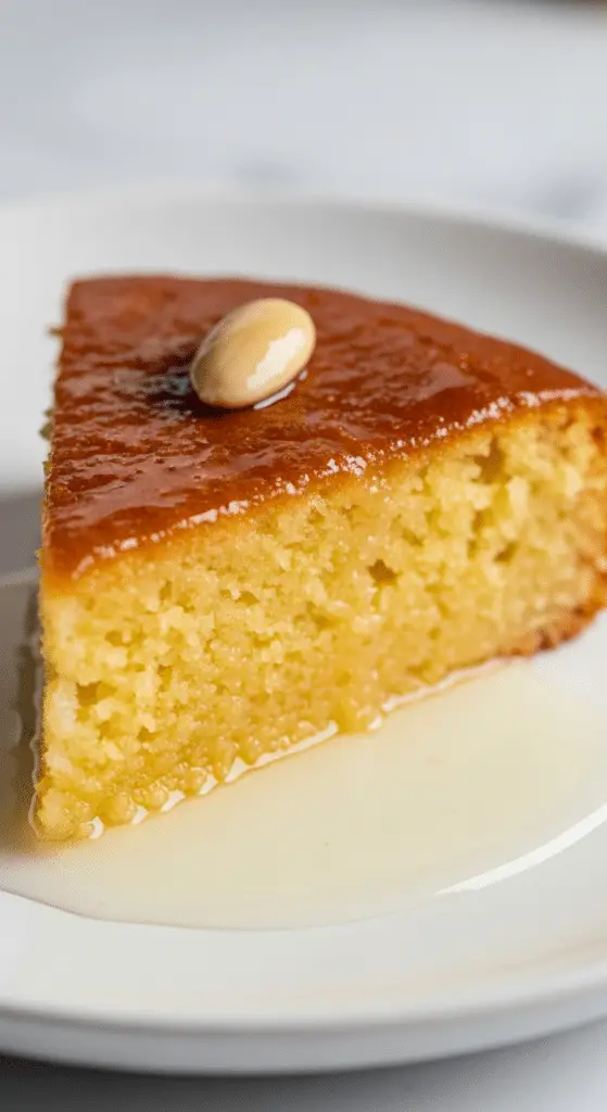 Basboussa au yaourt et fleur d'oranger imbibée sirop dorée avec amandes