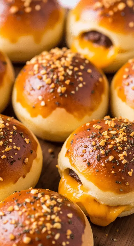 Bombes cheeseburger ail parmesan dorées coupées fromage coulant