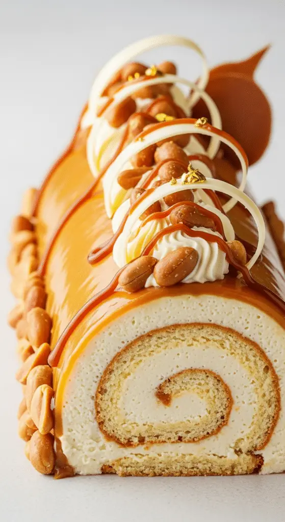 Bûche gourmande cacahuètes caramel vanille chocolat décorée Noël