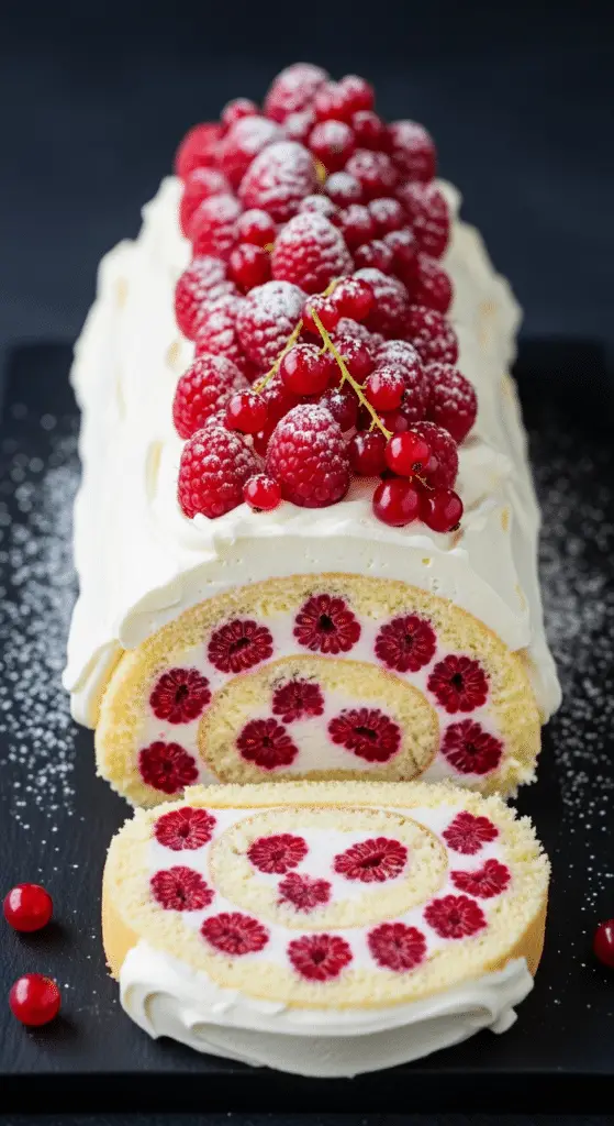 Bûche mascarpone-framboise sans cuisson spirale crème fruits rouges